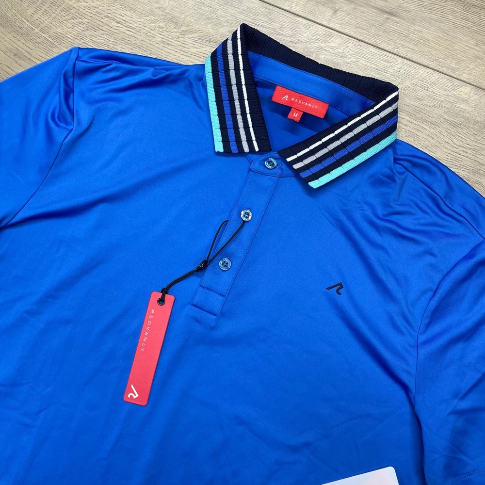 REDVANLY Mael Polo Mens Size M Marine Blue Striped Collar Golf Shirt R2505